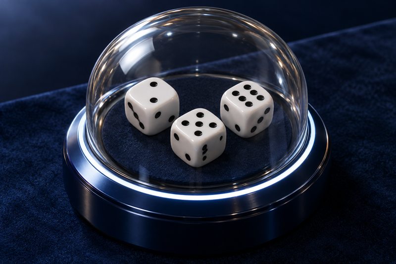 深藍色底座的透明圓罩骰盅裡,三顆白色骰子停在罩內